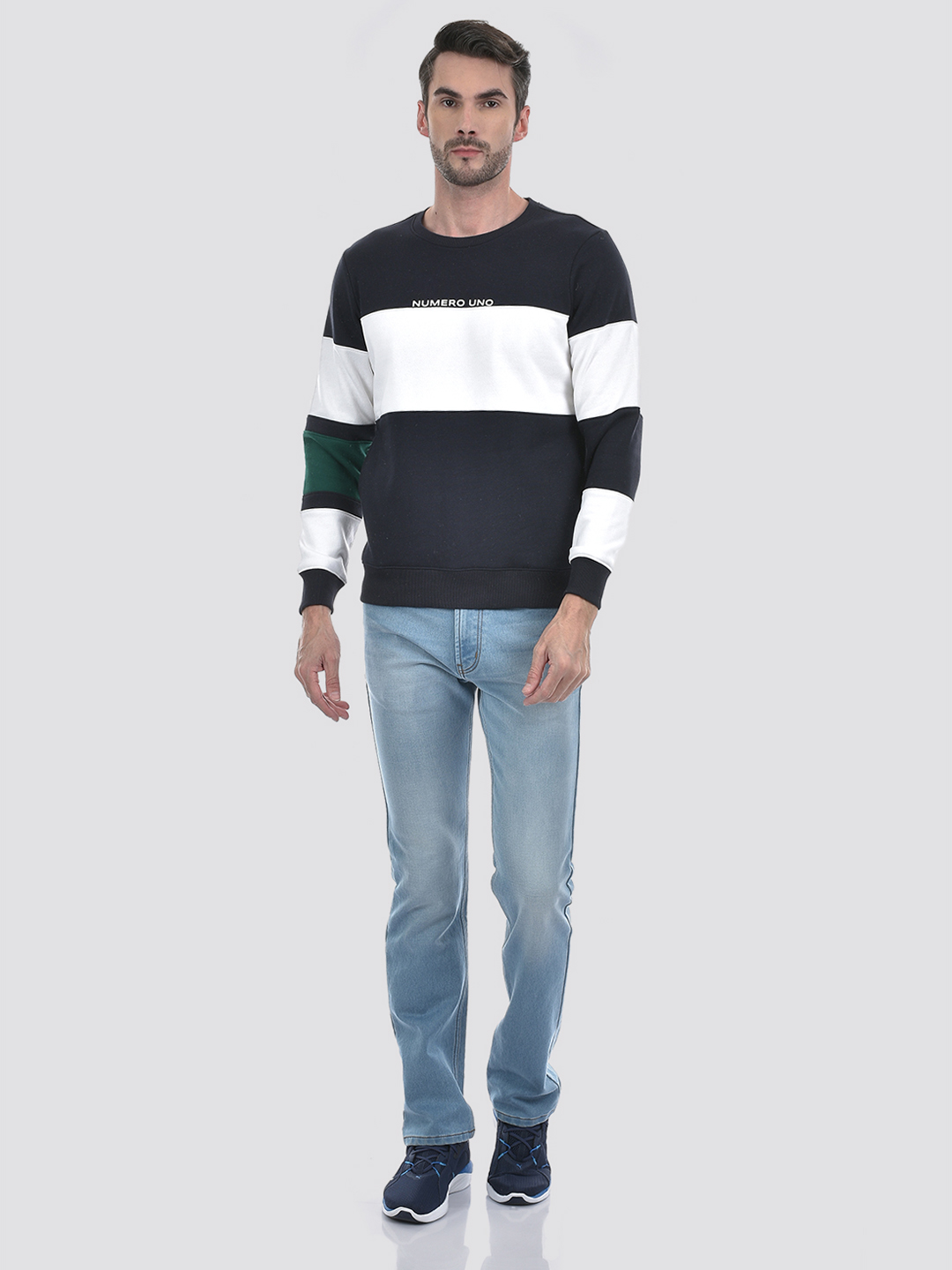 Numero Uno Men Blue Color Block Round Neck Brushed Fleece Sweatshirt